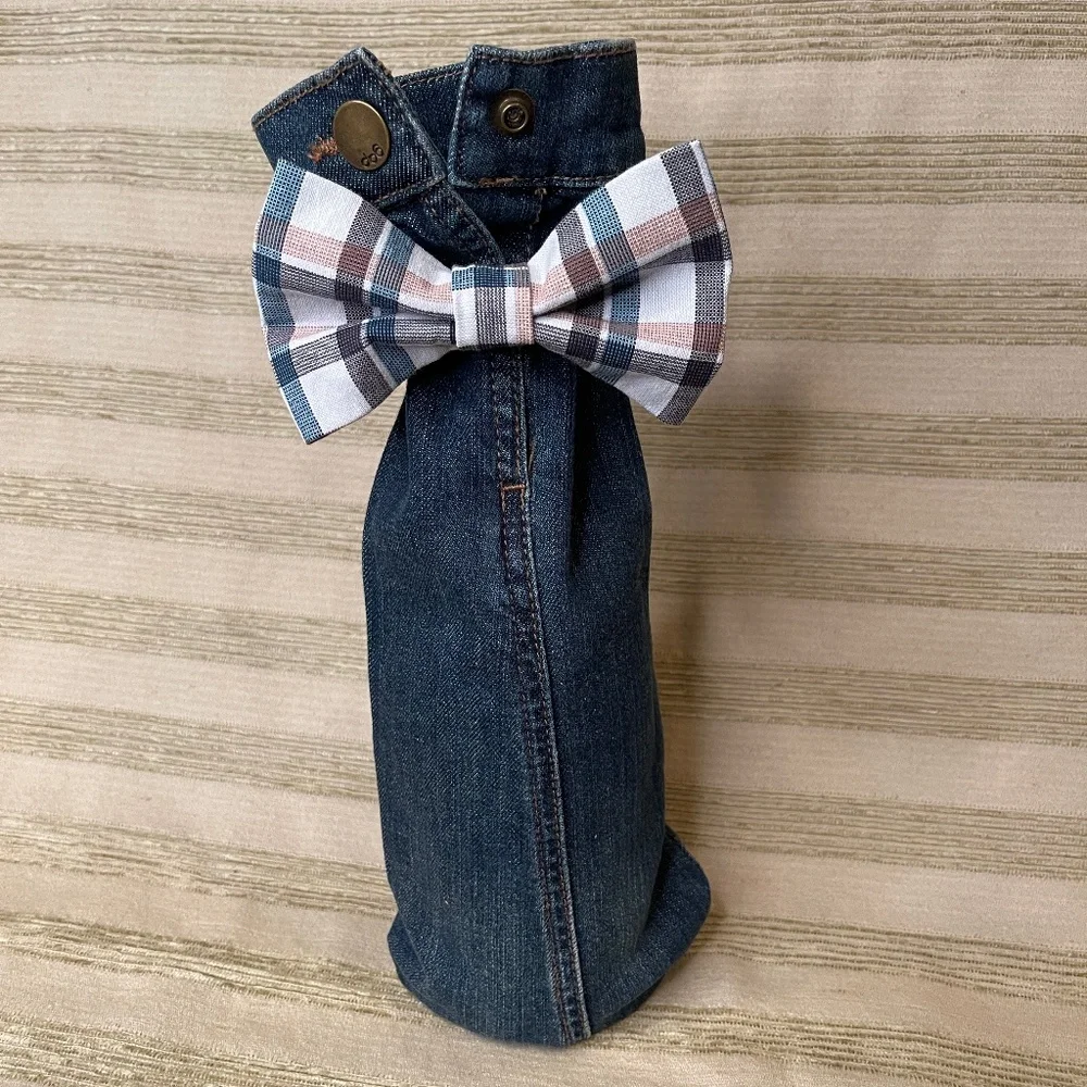 Handcrafted Wine or Liquor Bottle Gift Bag Made From Denim Shirt and Tie